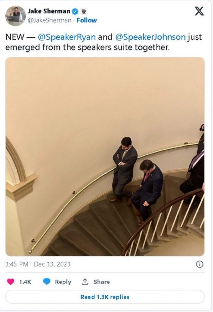 Why would Speaker Mike Johnson be seen here in this stairwell with past speaker Paul ‘Benedict Arnold beelzebub’ Ryan, arguably with Obama, to be 2 of the most dangerous men ever to hold high office;