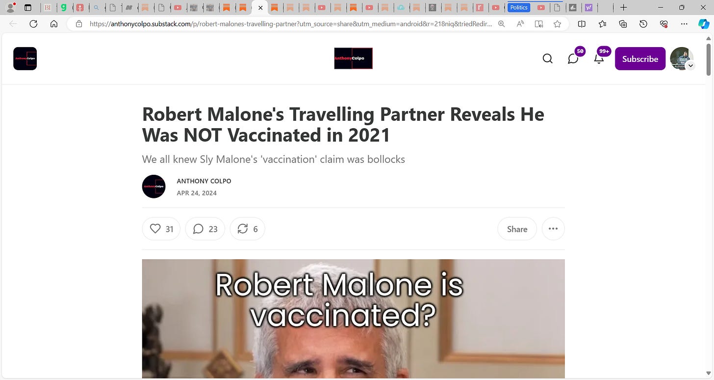 BOOM! I, we were ALWAYS 100% re MALONE, a complete bullshit liar conman who was just into fleecing your donor money! All like him! Hatfill tells us Malone was NEVER vaccinated, he travelled with him