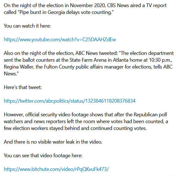 A question for Democrats: If the 2020 election wasn’t stolen, then how do you explain the Democrats in Fulton County inventing a bogus “burst pipe,” using it as an excuse to send Republican poll watchers and reporters home, and Democrats then going back inside to continue counting the votes?
