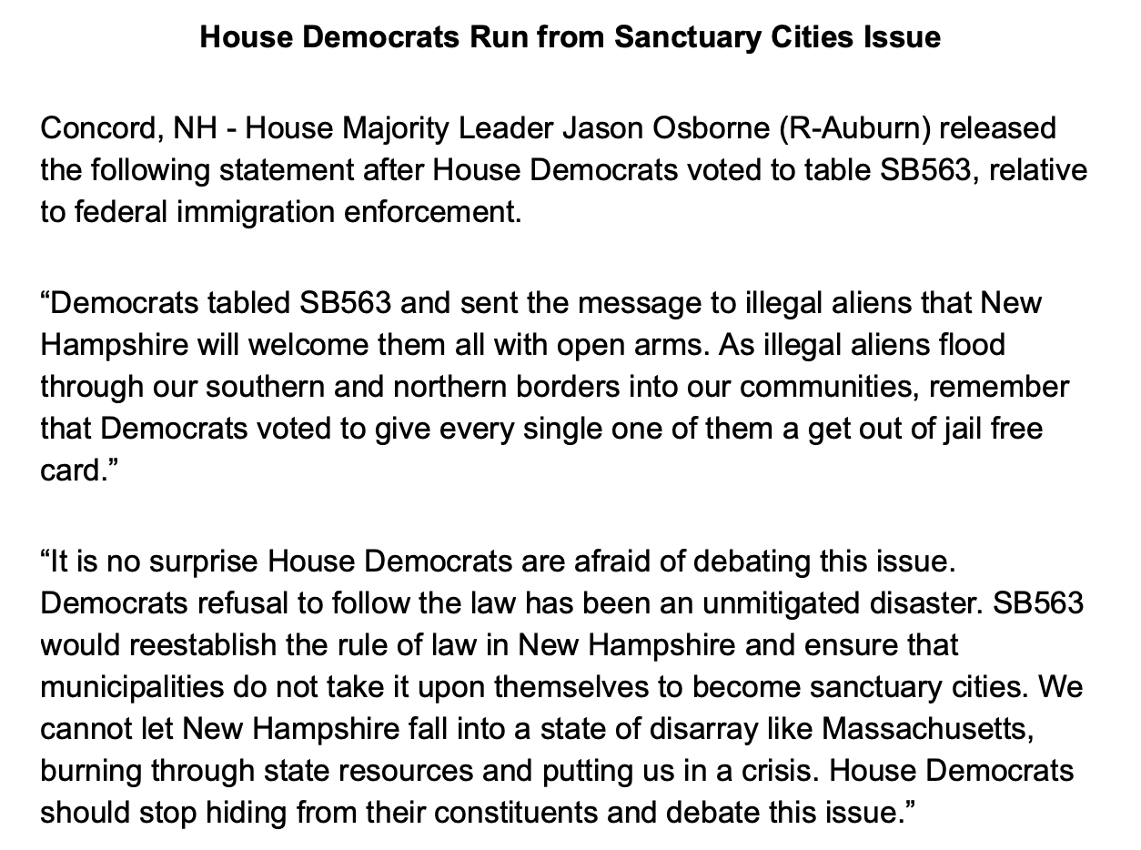 And Another “You Can’t Make This Stuff Up” … NHGOP House Leader Blames Democrats For GOP Failure To Ban Sanctuary Cities