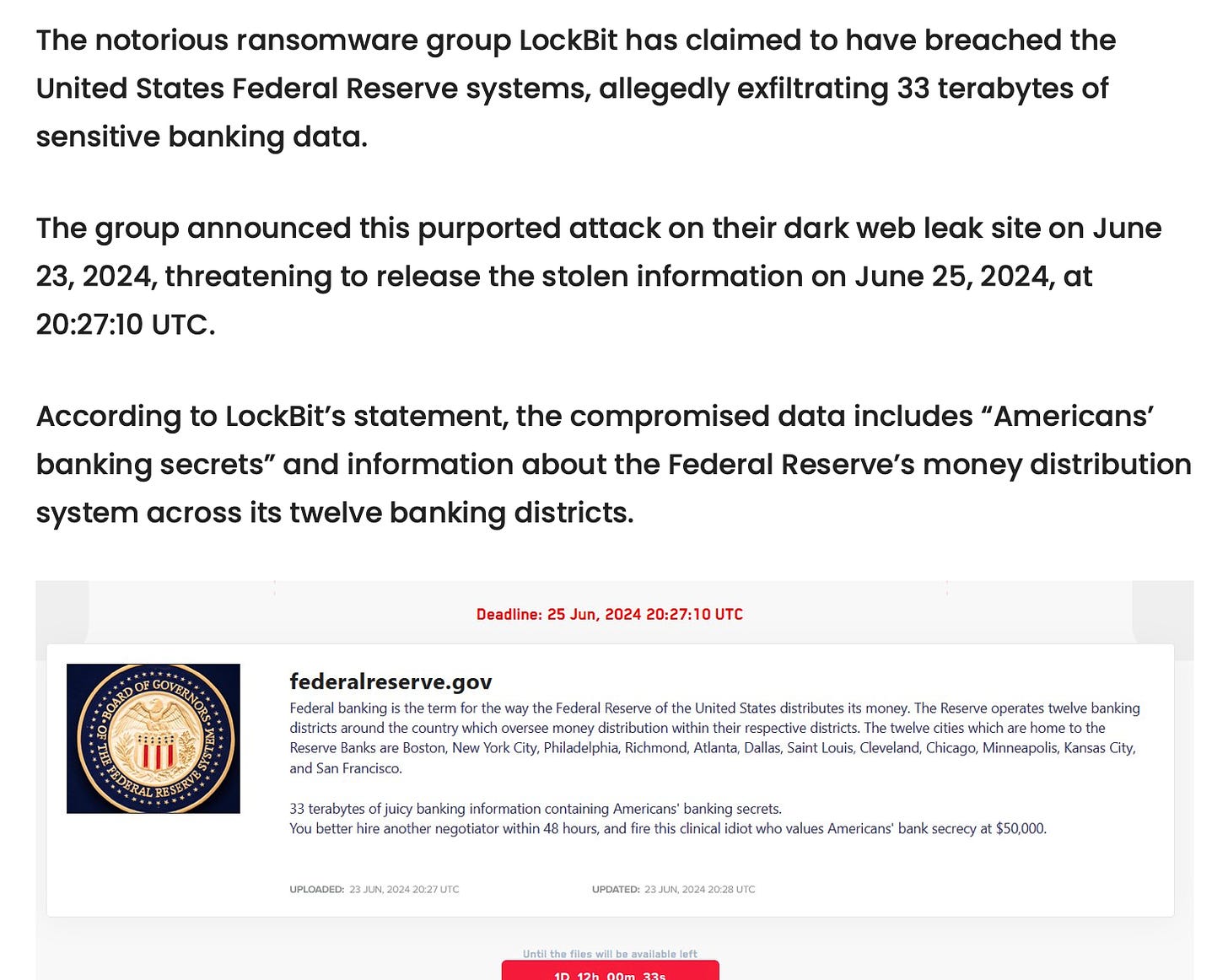 Ransomware Group “LockBit” Claims To Have Breached US Federal Reserve, Says It Exfiltrated 33 Terabytes Of “Americans Banking Secrets”