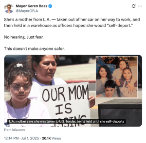 Karen Bass Claimed ICE Kidnapped a Los Angeles Mother on Her Way to Work. Prosecutors Say It Was a Hoax.
